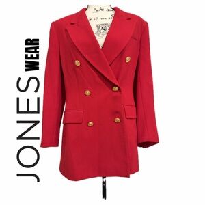 VTG Jones Wear Blazer Double Breasted Military Style Red Gold Button Sz 6 Iconic